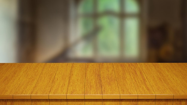 Realistic Wood Table top front view 3d render with a blurred background