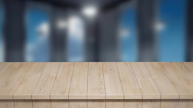 Realistic Wood Table top front view 3d render A Wood Table with a blurred background