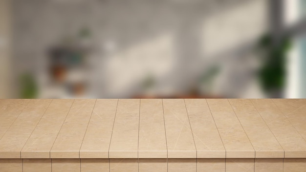 Realistic Wood Table top front view 3d render A Wood Table with a blurred background