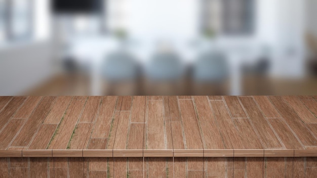 Realistic Wood table Wood Board top front view 3d render with a blurred background