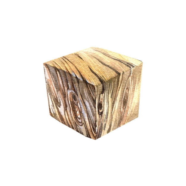 Realistic wooden fibers cube isolated on white background watercolor hand drawing