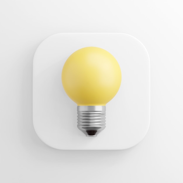 realistic yellow round light bulb icon, white square button. 3D rendering.