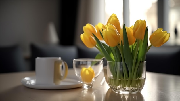 Realistic yellow tulips in a glass vase with a white cup of coffee on the table