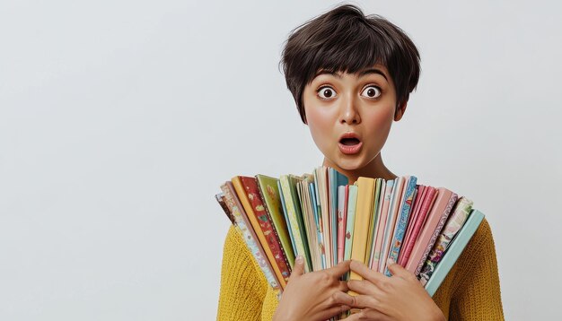 Photo realistic young south asian woman with modern short hair surprised expression holding a bulk of