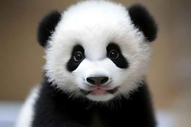 Photo really cute face of a fluffy black and white panda bear