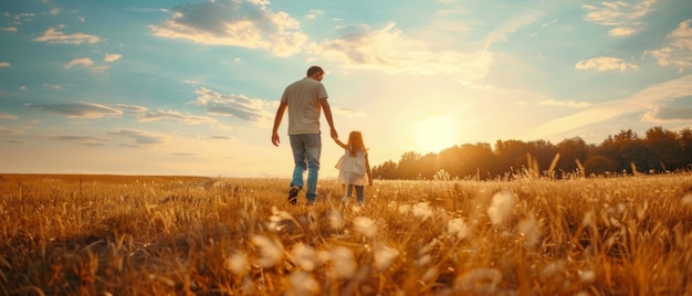 Rear perspective of a joyful father and his daughter connected by held hands as they wander across