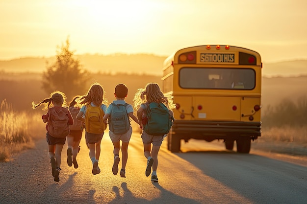 rear view of adorable schoolchildren running to school bus