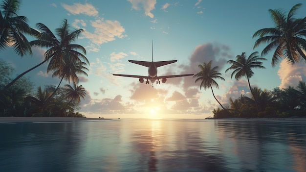 The rear view of airplane as it approaches for landing with the sunset sky and tropical palm tree