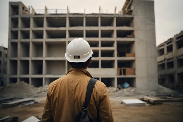 Rear view of an architect wearing a work helmet looking at an unfinished building