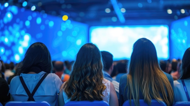 Rear view of attendees at a bluethemed conference