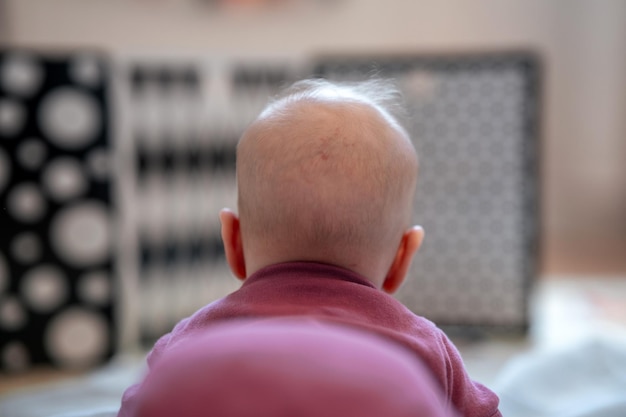 Rear view of the baby lying on his tummy and looking at black and white pictures