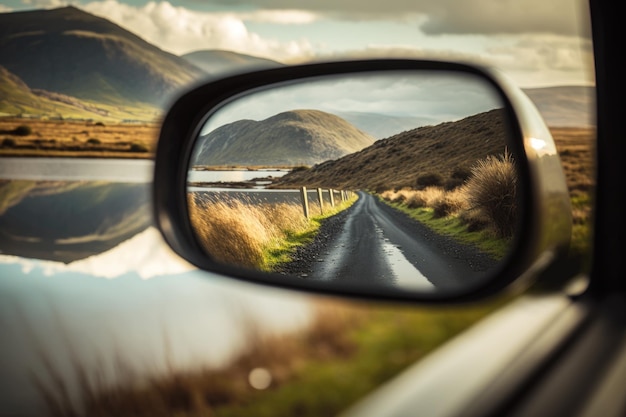 Rear view of a back mirror with scenic view of majestic Ireland or Scotland natural landscape AI generative