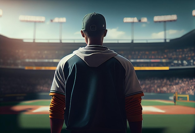 Rear view of baseball player standing back to camera in baseball stadiumgenerative ai