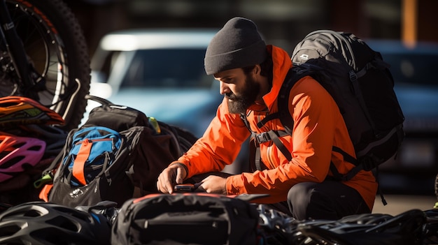 Rear view of a biker checking his helmet on a bike