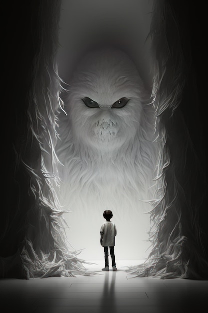 Rear view of a boy standing in front of the big fluffy head of white monster with black eyes Child fears concept Generative AI