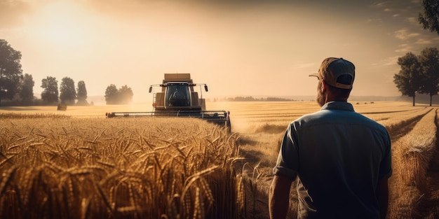 Rear view of a broadshouldered bearded man in cap and jeans shirt Farmer stands in the field watching the harvester's work Generative AI