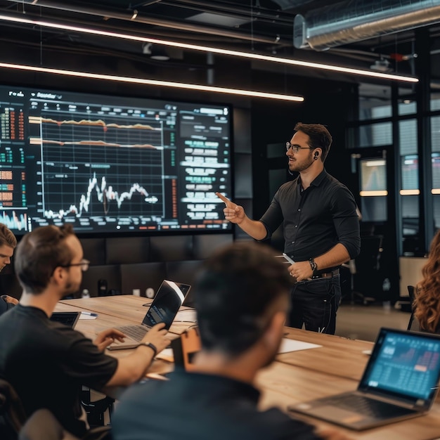 rear view of broker pointing with finger at stock market data on screen