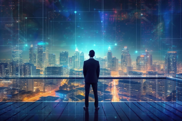 Rear view of businessman looking at city panorama Generative AI