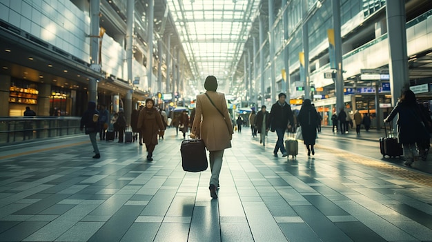 Rear view of a businessman walking with a suitcase in a bustling train station