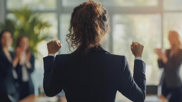 Photo a rear view of a businesswoman in a professional suit pumping her fist in excitement with a team