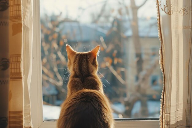 Photo rear view of cat stands in the front window looking out of the window autumn sunny weather