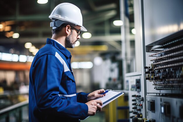 Rear view of Caucasian male engineer wearing safety vest and hardhat standing in warehouse