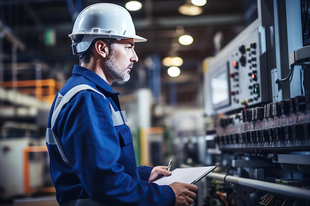 Rear view of Caucasian male engineer wearing safety vest and hardhat standing in warehouse