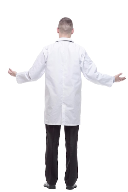 Rear view confident doctor with a stethoscope