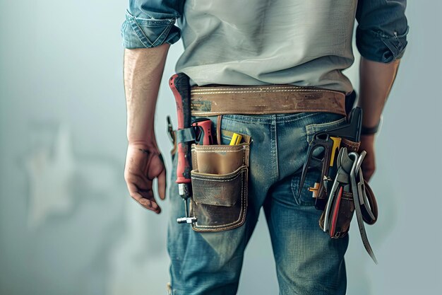 rear view of construction worker with Tool Belt and Assorted Equipment Ready for Maintenance Work