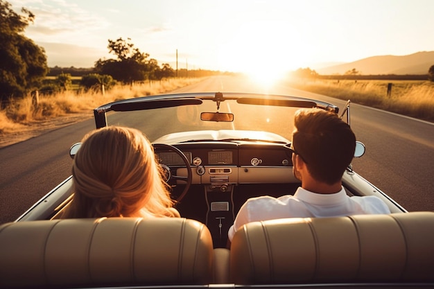 Rear View Of Couple On Road Trip Driving Classic Convertible Car Towards Sunset