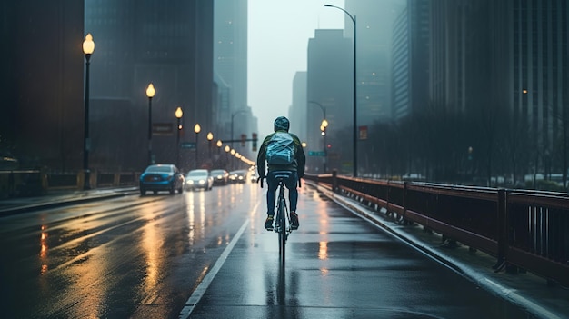 Rear view of a cyclist riding through a busy city at night during fog and twilight