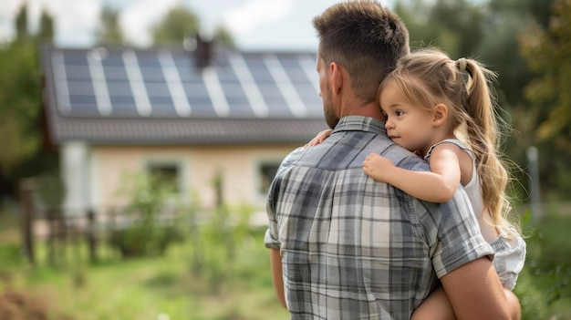 Rear view of dad holding her little girl in arms and showing at their house with installed solar panels