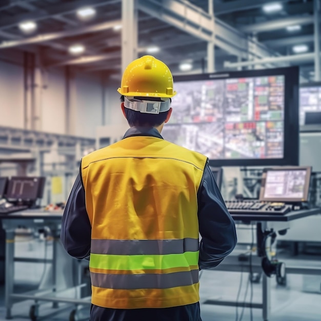 Rear view of an engineer wearing a safety helmet Generative Ai