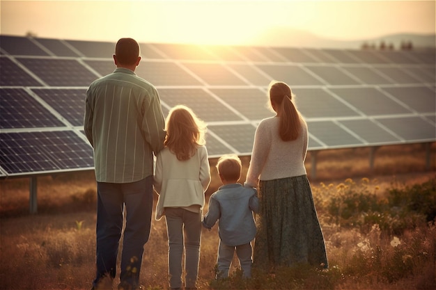 Rear view of family in front of solar panels in sunset field Generative AI