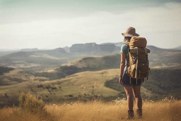 Rear view of female hiker with backpack looking out over a landscape