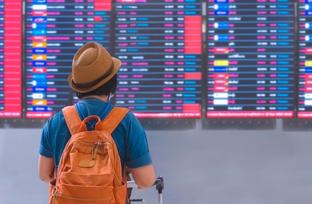 Rear view of female Tourist checking her flight on Digital Information Board in Terminal Airport