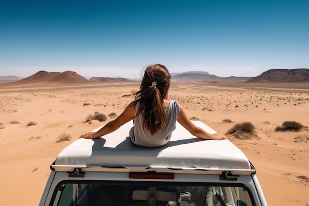 rear view of Female traveler staying on top of the camper car enjoying the view of scenic landscape