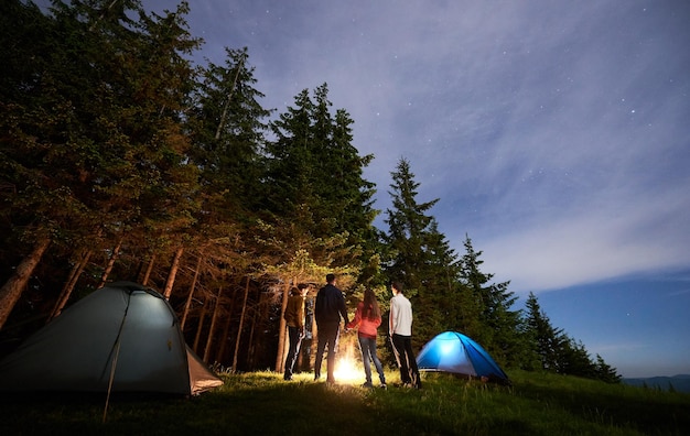 Rear view group of tourists are standing by burning fire near the tents against backdrop pine forest under starry sky