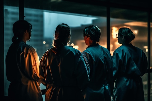 Rear view of a group of young women looking out the window at night