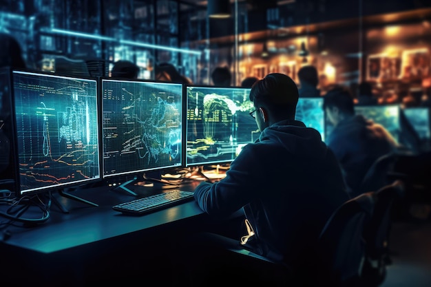 Rear view of hacker in dark room with computers and binary code