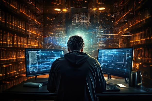 Rear view of hacker sitting at table in dark room with binary code