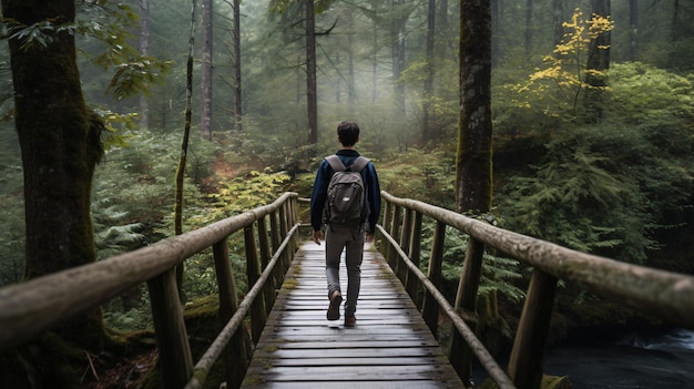 Rear view of hiker walking on footbridge towards