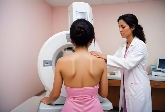 Rear view of an hispanic young woman getting a mammogram to check for breast cancer with the help of