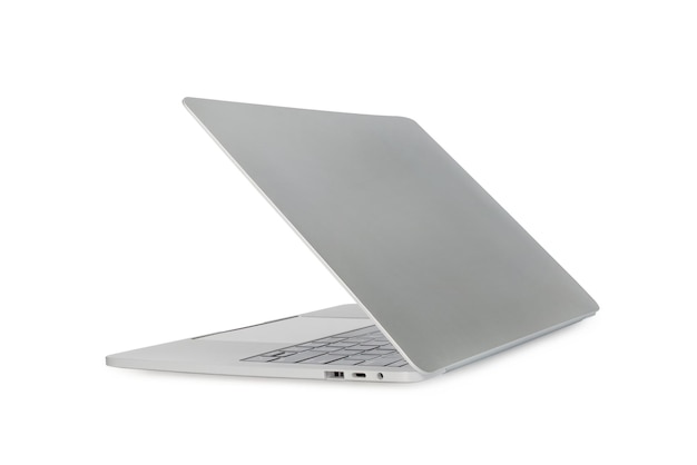 Rear view of Laptop in angled position mockup isolated on white background