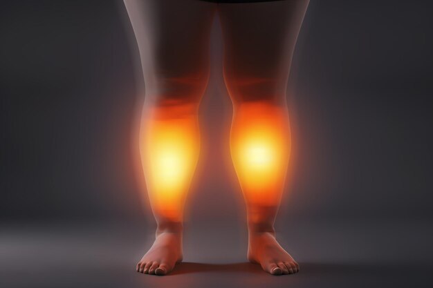 Photo rear view of legs with glowing calves illustrating pain or discomfort in the lower legs ideal for