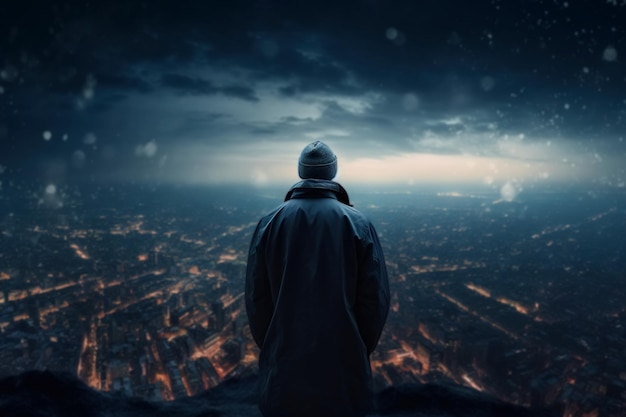 Rear view of lonely pensive unrecognizable man in hat and jacket standing on cliff against backdrop of night city and looking at glowing urban Generative AI