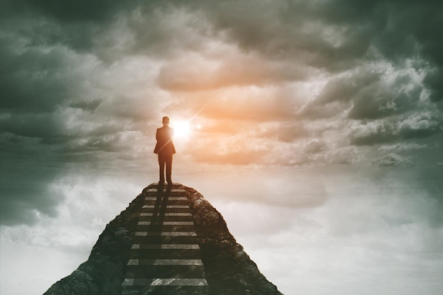 Rear view of male manager standing on peak of hill