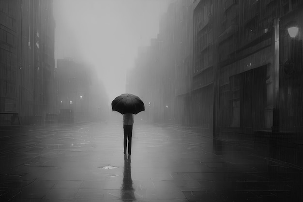 Rear view of man in black coat with umbrella walking in rain on city street in evening