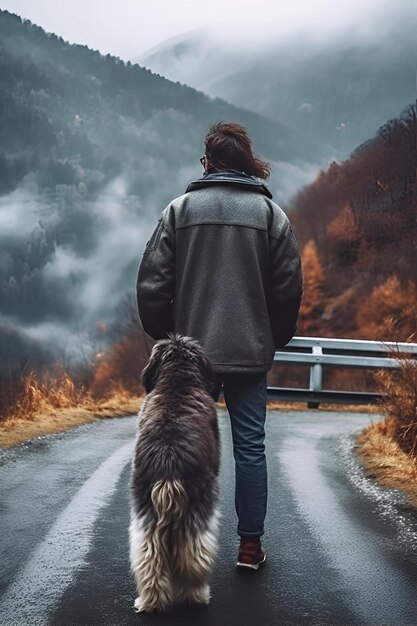 rear view of man hiking with fluffy big gray dog in mountains in autumn pet adoption traveling