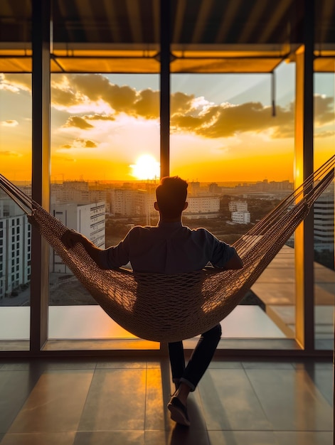 Rear view of a man sitting in the hammock indoors Man enjoys beautiful sunset through panoramic window Generative AI